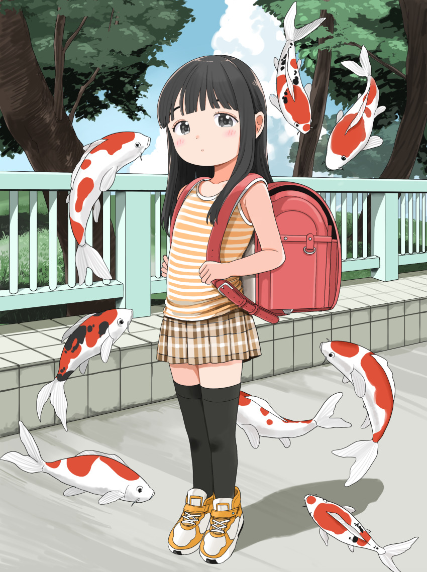 1girl, absurdres, backpack, bag, black_hair, black_thighhighs, blue_sky, blunt_bangs