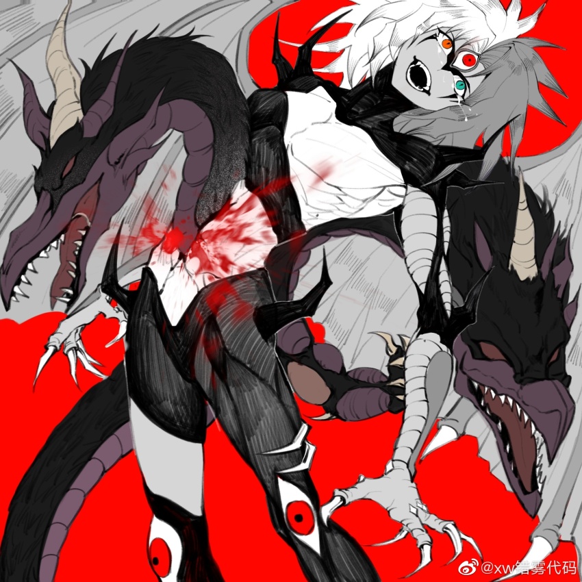 1boy, 1other, breasts, demon_wings, duel_monster, extra_arms, extra_eyes, feet_out_of_frame, greyscale_with_colored_background, highres, impaled, laughing, monster_boy, monster_girl, multicolored_hair, pectorals, short_hair, spikes, split-color_hair, spot_color, tears, wings, xw3147320553321, yu-gi-oh!, yu-gi-oh!_gx, yubel, yubel_-_terror_incarnate