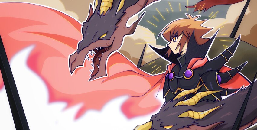 1boy, brown_eyes, demon, duel_monster, floating_cape, hair_between_eyes, highres, long_sleeves