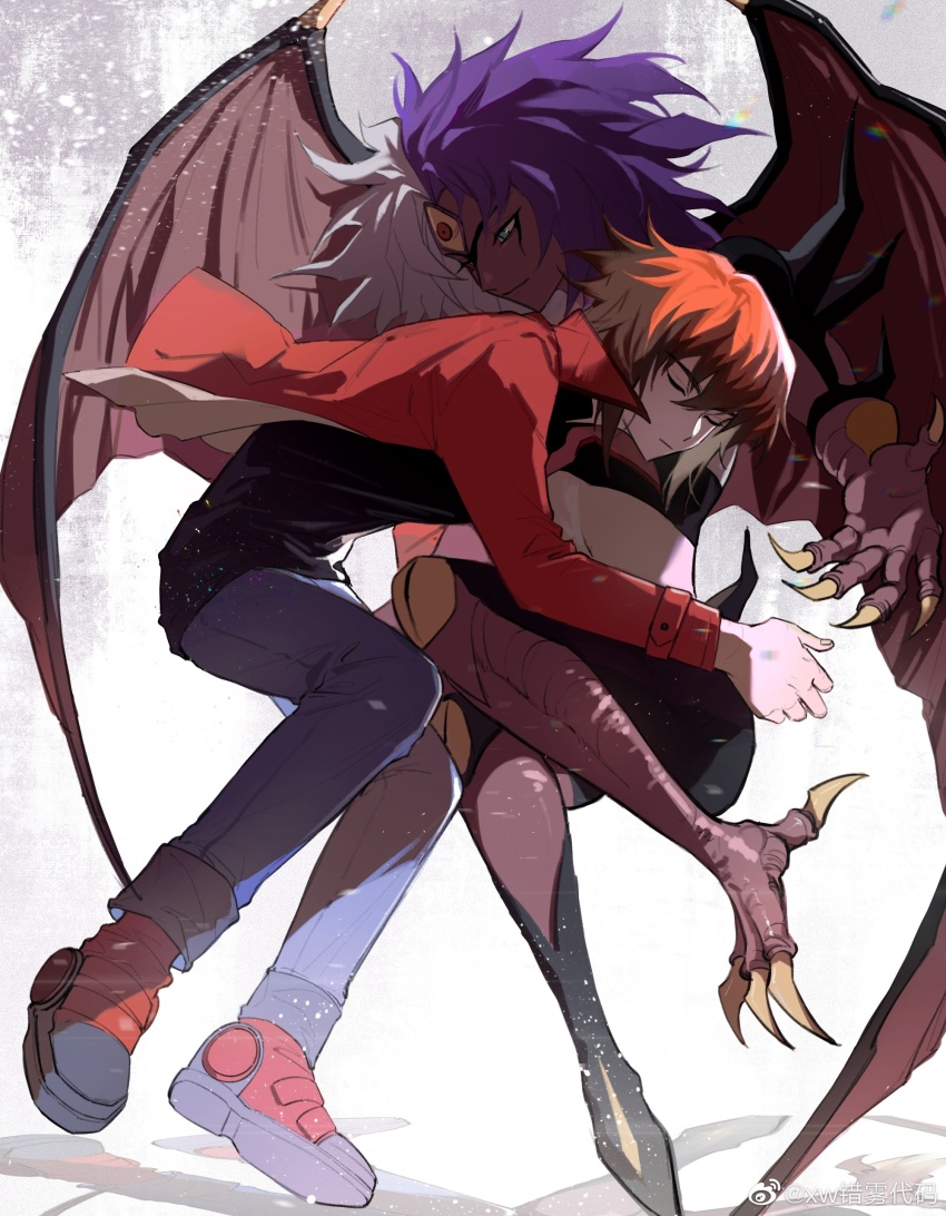 1boy, 1other, absurdres, affectionate, black_shirt, brown_eyes, closed_eyes, demon_wings, duel_academy_uniform_(yu-gi-oh!_gx), duel_monster, full_body, hair_between_eyes, half-closed_eyes, highres, jacket, long_sleeves, multicolored_hair, outstretched_arms, red_jacket, shirt, short_hair, split-color_hair, spread_arms, two-tone_hair, wings, xw3147320553321, yu-gi-oh!, yu-gi-oh!_gx, yubel, yuki_judai