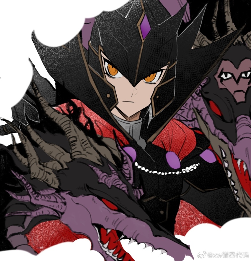 1boy, black_shirt, cape, dark_persona, demon_wings, duel_monster, helmet, highres, jacket, looking_to_the_side, multicolored_hair, multiple_heads, red_cape, red_jacket, shirt, split-color_hair, supreme_king_(yu-gi-oh!_gx), wings, xw3147320553321, yellow_eyes, yu-gi-oh!, yu-gi-oh!_gx, yubel, yubel_-_terror_incarnate, yuki_judai