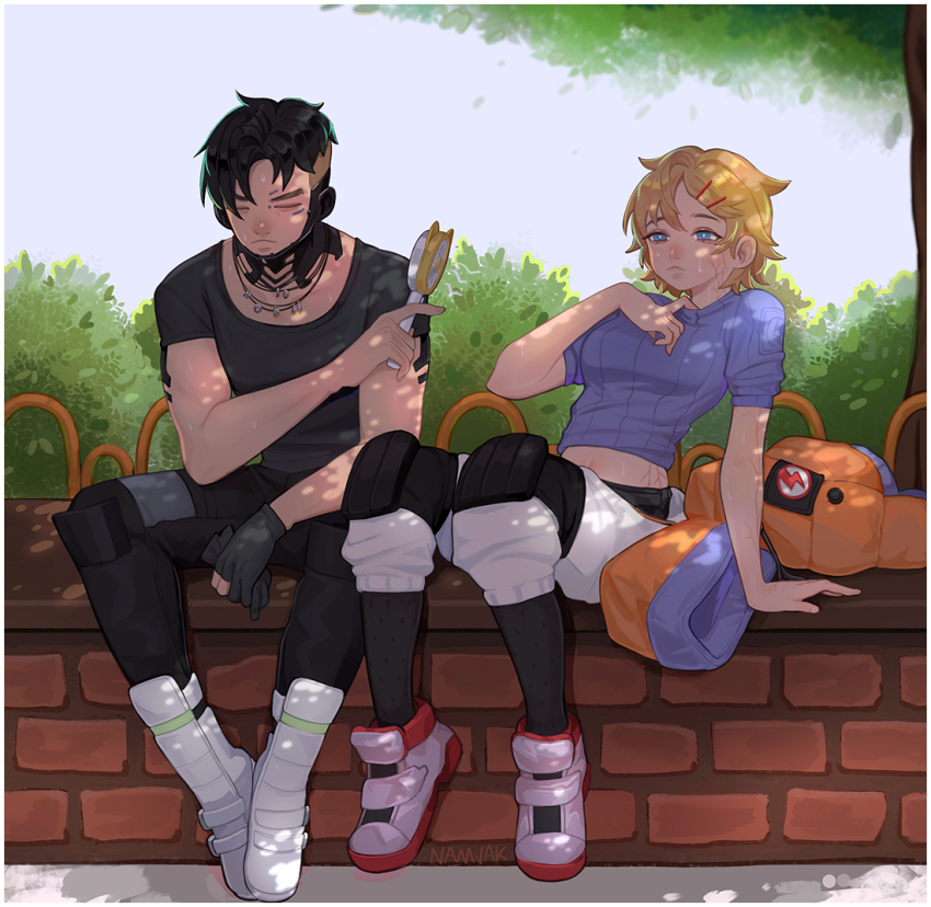 1boy, 1girl, animification, apex_legends, black_hair, black_pants, blush, boots