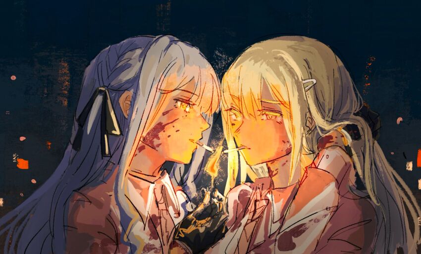 2girls, bang_dream!, bang_dream!_it's_mygo!!!!!, black_gloves, black_jacket, black_ribbon, blood, blood_on_clothes, blood_on_face, blue_hair, cigarette, collared_shirt, commentary, gloves, green_hair, hair_ornament, hair_ribbon, hairclip, hand_in_own_hair, highres, holding_matchstick, jacket, kita_no_shinya, lighting_cigarette, long_hair, multiple_girls, mutual_cigarette_lighting, night, outdoors, ribbon, shirt, smoking, suit_jacket, togawa_sakiko, upper_body, wakaba_mutsumi, yellow_eyes