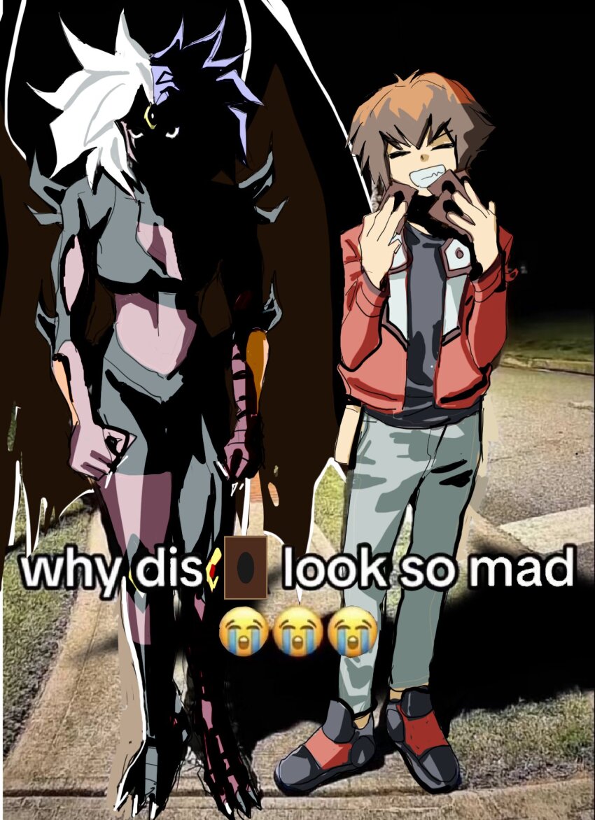 1boy, 1other, black_shirt, black_sky, brown_eyes, card, crying_emoji, demon_wings, duel_academy_uniform_(yu-gi-oh!_gx), duel_monster, emoji, english_text, face_in_shadow, facing_viewer, full_body, glaring, grin, hair_between_eyes, highres, holding, holding_card, jacket, long_sleeves, meme, multicolored_hair, night, outdoors, photo_background, red_jacket, shaded_face, shirt, short_hair, side-by-side, sky, smile, split-color_hair, two-tone_hair, why_dis_ninja_look_so_mad_(meme), wings, yoon_da1297, yu-gi-oh!, yu-gi-oh!_gx, yubel, yuki_judai