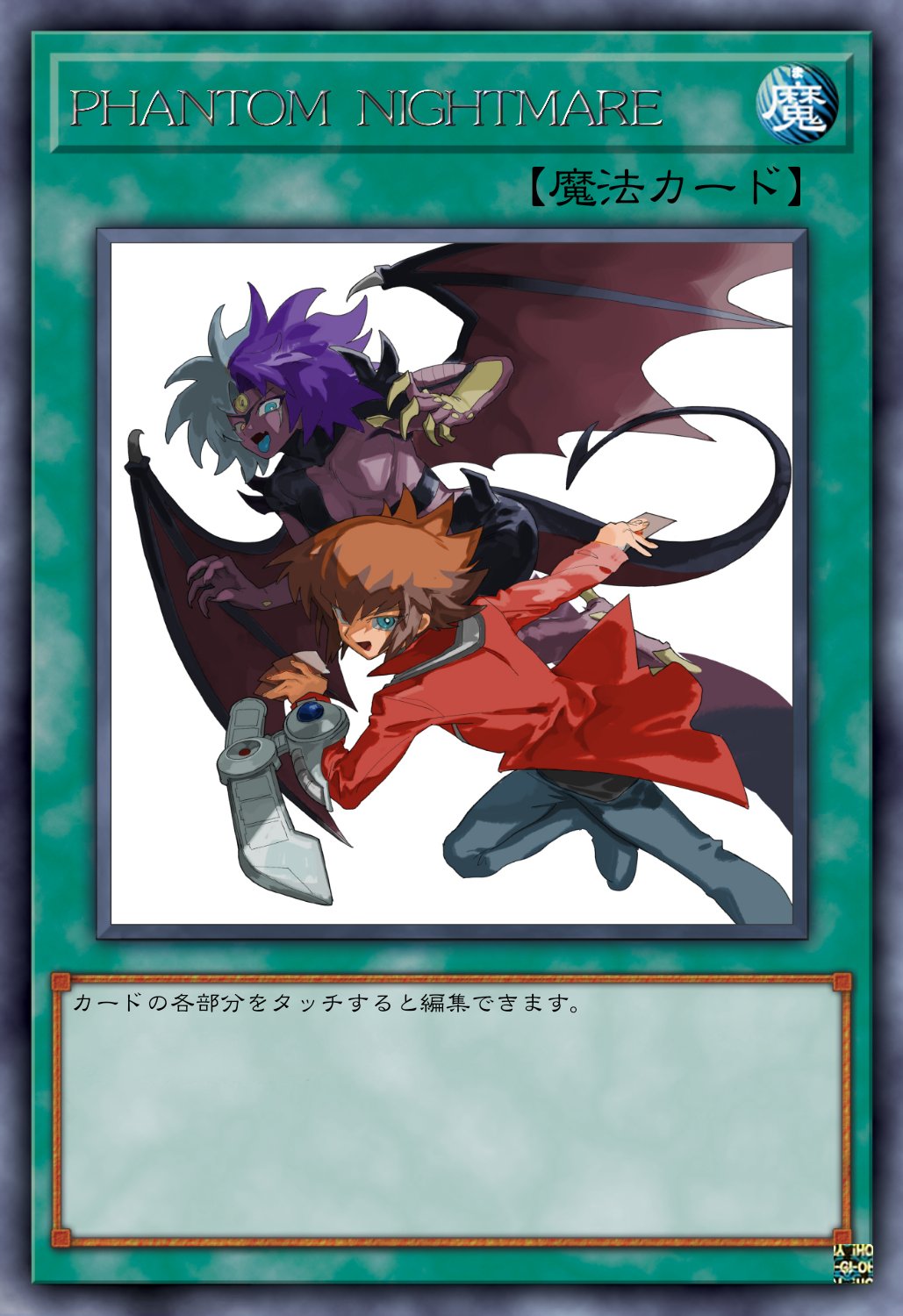 1boy, 1other, :d, black_shirt, brown_eyes, card, card_(medium), demon_wings