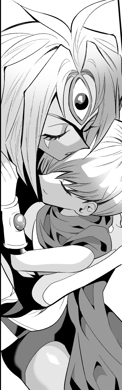 1boy, 1other, affectionate, aged_down, brown_eyes, closed_eyes, demon_wings, duel_academy_uniform_(yu-gi-oh!_gx), duel_monster, greyscale, hair_between_eyes, kissing_head, highres, monochrome, multicolored_hair, protecting, short_hair, smile, split-color_hair, two-tone_hair, upper_body, urotazin, wings, yu-gi-oh!, yu-gi-oh!_gx, yubel, yuki_judai