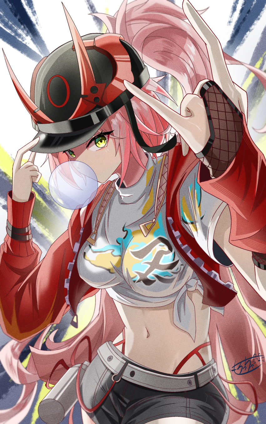 1girl, absurdres, belt, black_hat, black_shorts, blowing_bubble_gum, blowing_bubbles, breasts, bridal_gauntlets, chewing_gum, commentary, cowboy_shot, crop_top, fishnet_bridal_gauntlets, gang_sign, green_eyes, hand_on_headwear, hat, highres, honkai:_star_rail, honkai_(series), horned_hat, horns, jacket, large_breasts, long_hair, looking_at_viewer, midriff, morocha1130, navel, pink_hair, ponytail, rappa_(honkai:_star_rail), red_horns, red_jacket, shirt, shorts, sidelocks, signature, single_bridal_gauntlet, sleeveless, sleeveless_jacket, solo, tied_shirt, very_long_hair, white_belt, white_shirt