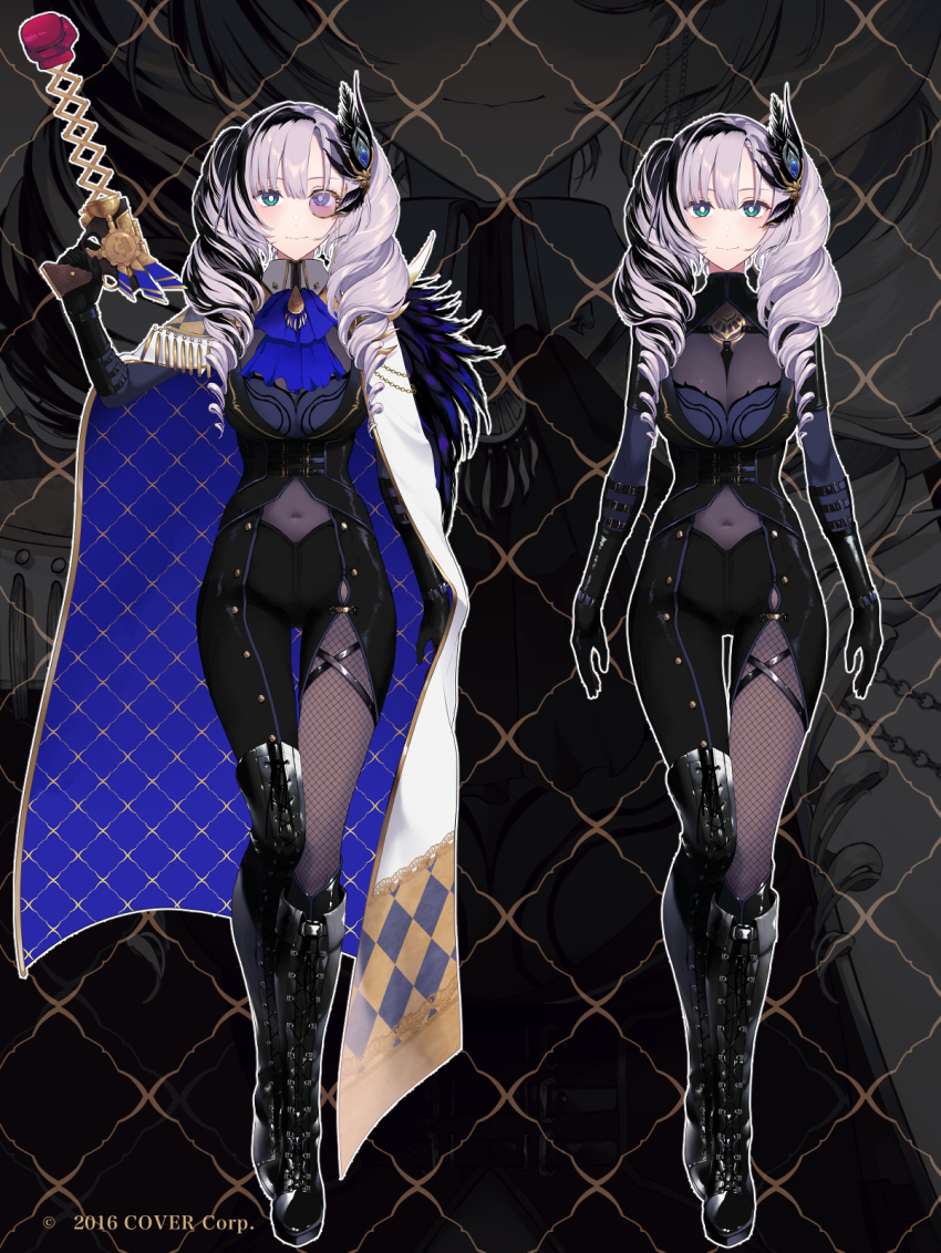 1girl, black_boots, black_gloves, black_hair, boots, cape, fishnet_pantyhose, fishnets