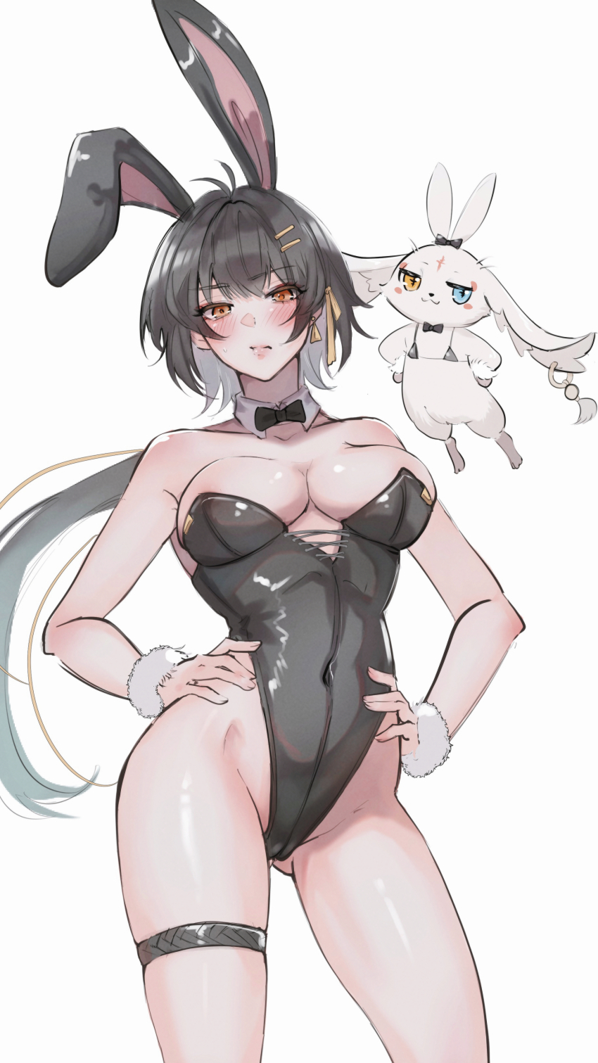 1girl, abby_(wuthering_waves), absurdres, alternate_costume, animal_ears, antenna_hair, bare_shoulders, black_hair, black_leotard, breasts, cleavage, closed_mouth, collar, collarbone, colored_inner_hair, commentary_request, covered_navel, cowboy_shot, detached_collar, earrings, fake_animal_ears, female_rover_(wuthering_waves), hair_between_eyes, hair_ornament, hair_ribbon, hairclip, hand_on_own_hip, highleg, highleg_leotard, highres, jewelry, large_breasts, leotard, light_blush, long_hair, looking_at_viewer, multicolored_hair, rabbit_ears, ribbon, root_(050710root), rover_(wuthering_waves), scrunchie, sidelocks, simple_background, strapless, strapless_leotard, tacet_mark_(wuthering_waves), thigh_strap, very_long_hair, white_background, white_collar, white_hair, white_scrunchie, white_wrist_cuffs, wrist_cuffs, wuthering_waves, yellow_eyes, yellow_ribbon