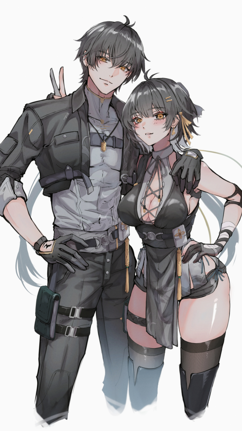 1boy, 1girl, absurdres, antenna_hair, bare_shoulders, black_dress, black_gloves, black_hair