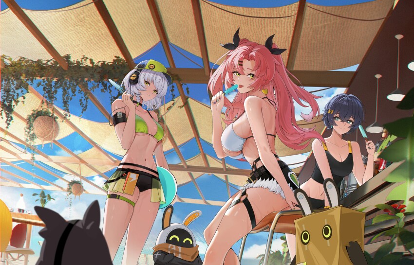 3girls, :p, absurdres, anby_demara, bagboo_(zenless_zone_zero), bangboo_(zenless_zone_zero), belle_(zenless_zone_zero), bikini, black_bikini, black_shorts, blue_eyes, blue_hair, blue_sky, breasts, closed_mouth, cloud, commentary_request, commission, day, denim, denim_shorts, eous_(zenless_zone_zero), food, green_bikini, green_eyes, highres, holding, holding_food, holding_popsicle, lan_liyu_renzi, large_breasts, long_hair, looking_at_viewer, medium_breasts, mole, mole_on_breast, multiple_girls, navel, nicole_demara, outdoors, penguinboo_(zenless_zone_zero), pink_hair, popsicle, second-party_source, short_hair, shorts, sky, standing, summer, swimsuit, tongue, tongue_out, white_bikini, white_hair, zenless_zone_zero