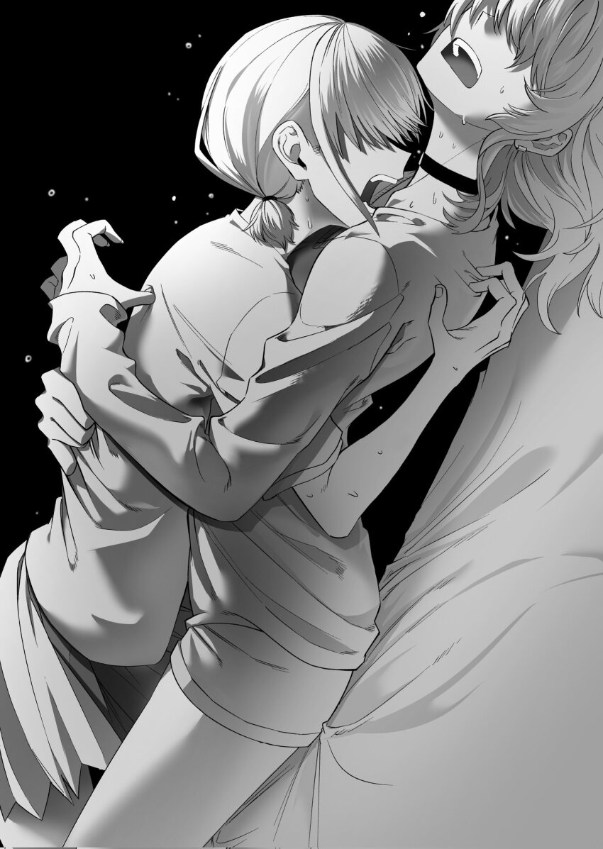 2girls, choker, commentary_request, dutch_angle, earclip, gganchan, girls_band_cry, greyscale