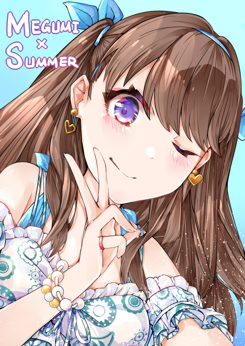 1girl, ;), absurdres, blue_background, blue_hairband, blush, brown_hair, closed_mouth