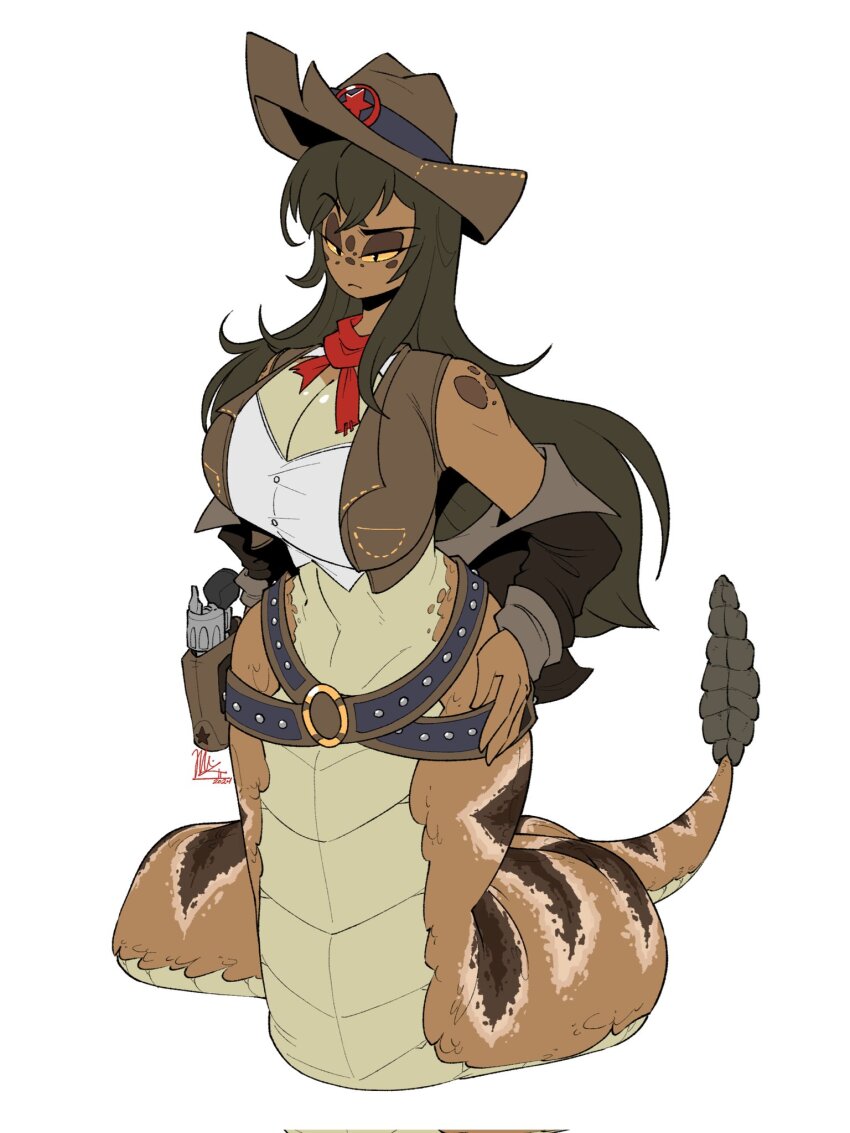 1girl, bandana, bandana_around_neck, breasts, brown_hair, brown_hat, brown_jacket, brown_vest, cassidy_(bandicootmayhem), cleavage, colored_sclera, cowboy_hat, crop_top, cropped_vest, gogomrdodo, gun, handgun, hat, highres, holster, jacket, lamia, large_breasts, long_hair, monster_girl, off_shoulder, open_clothes, open_jacket, open_vest, original, red_bandana, scales, shirt, signature, simple_background, slit_pupils, solo, vest, weapon, white_background, white_shirt, yellow_sclera