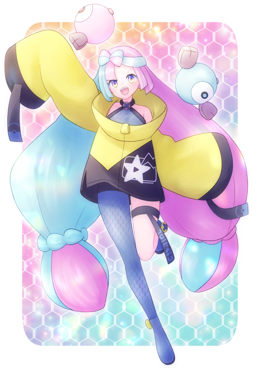 1girl, absurdres, bow-shaped_hair, character_hair_ornament, grey_pantyhose, hair_ornament, hexagon_print, highres