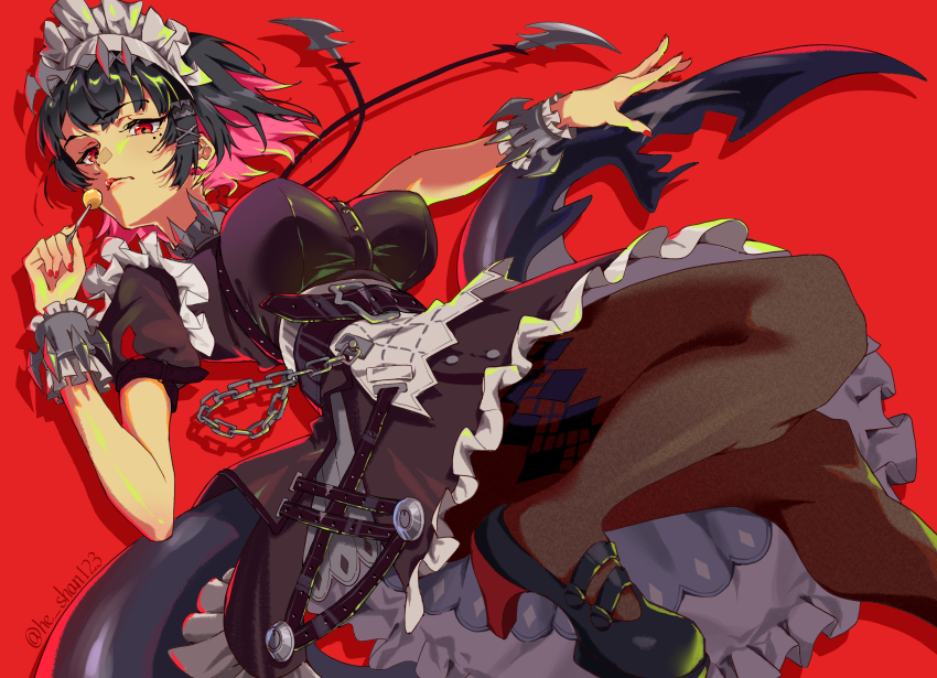 1girl, :q, absurdres, artist_name, black_dress, black_footwear, black_hair, black_pantyhose