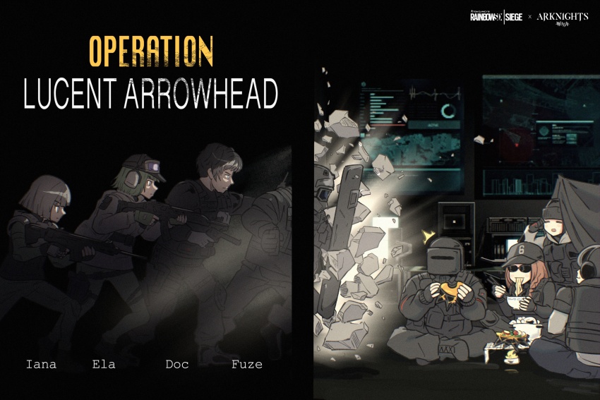 4boys, 4girls, absurdres, arknights, ash_(rainbow_six_siege), assault_rifle, baseball_cap, blitz_(rainbow_six_siege)