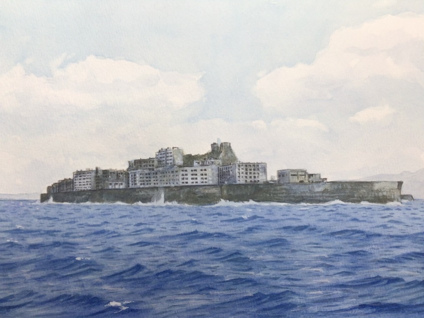 atelier_bono, building, hashima_island, highres, island, no_humans, ocean, original, overcast, painting_(medium), scenery, sky, traditional_media, watercolor_(medium)
