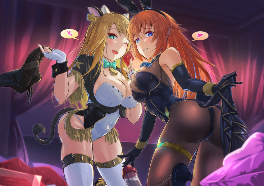 2girls, absurdres, alice_gear_aegis, animal_ears, ass, black_leotard, blonde_hair, blue_eyes