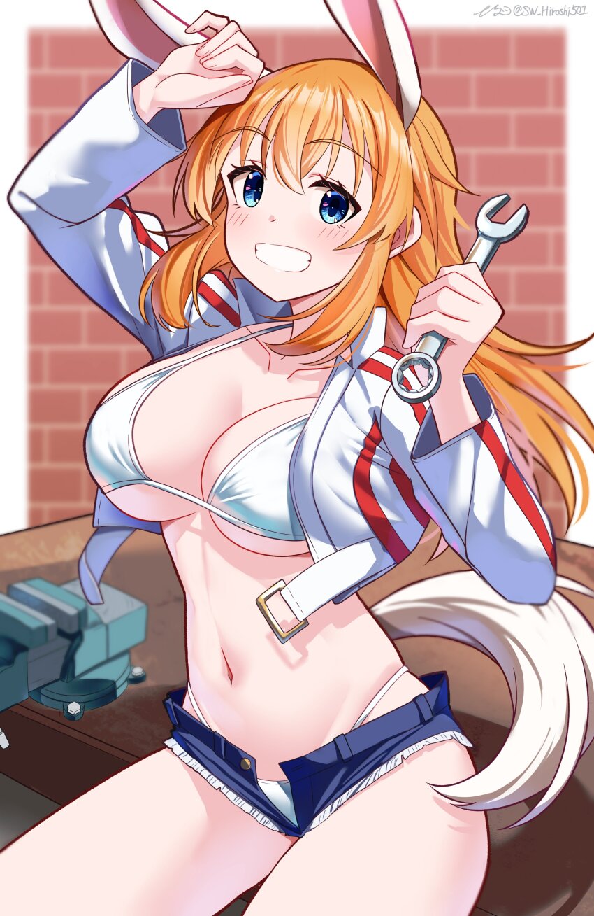 1girl, absurdres, bikini, blue_eyes, blue_shorts, blush, breasts, charlotte_e._yeager