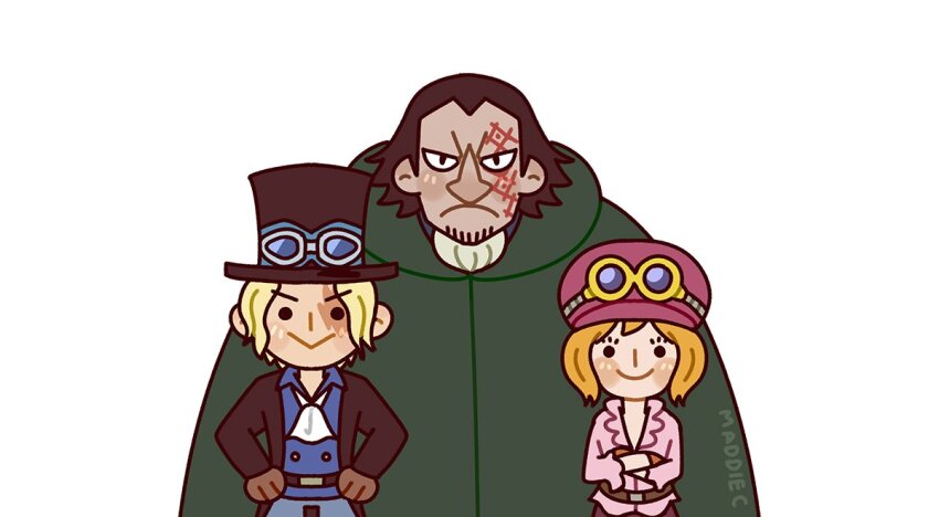 1girl, 2boys, ascot, beard_stubble, belt, black_hat, blonde_hair, blue_shirt