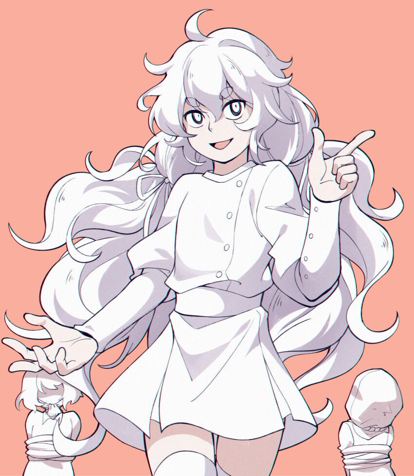 1girl, 2others, ahoge, brick_st, character_request, charlotte_wiltshire, charlotte_wiltshire_(q84), hello_charlotte, highres, index_finger_raised, long_hair, long_sleeves, multiple_others, open_mouth, skirt, thighhighs, white_hair, white_skirt, white_thighhighs