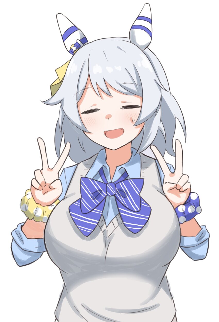 1girl, =_=, animal_ears, blush, breasts, closed_eyes, double_v, grey_hair