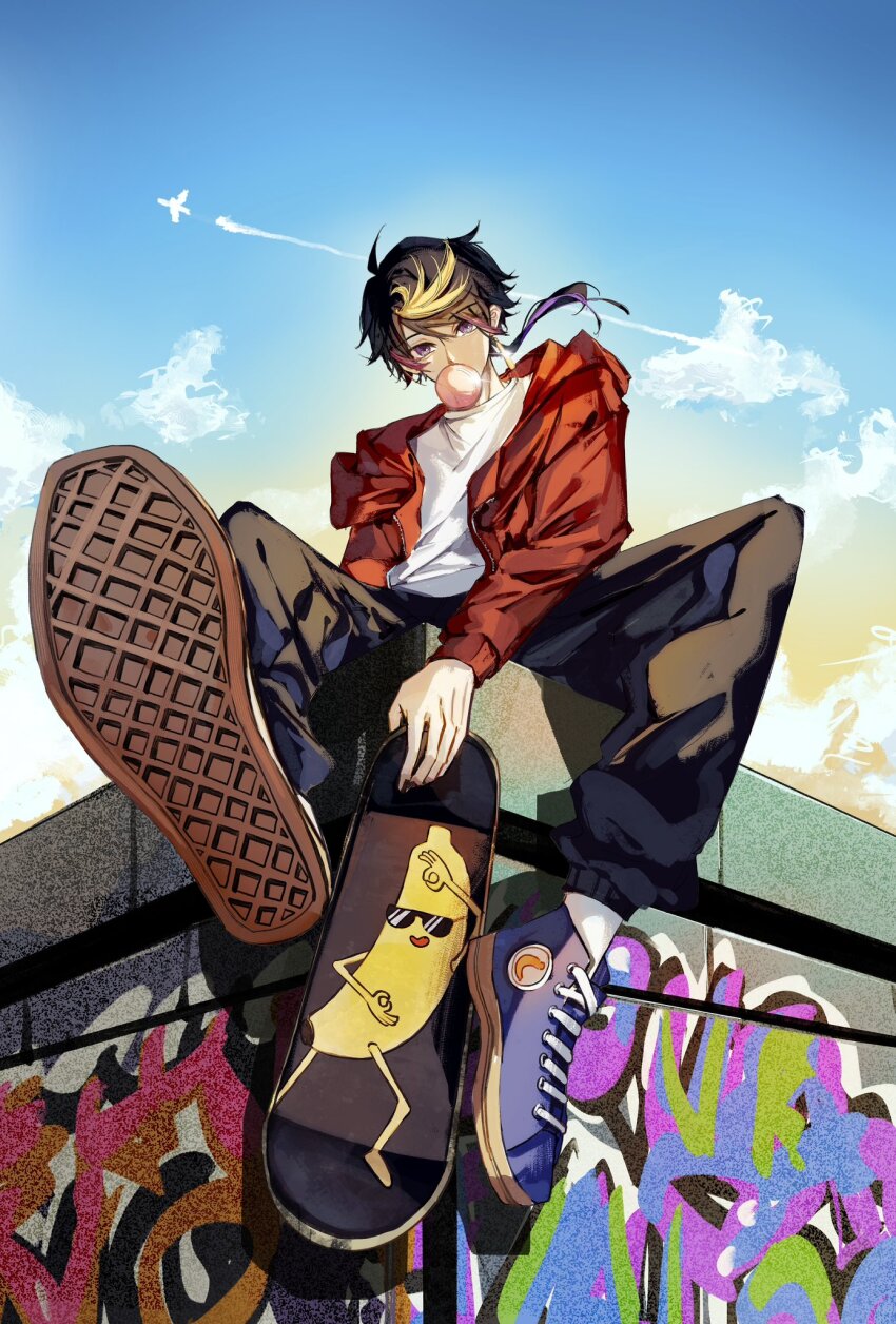 1boy, aircraft, airplane, black_hair, black_pants, blonde_hair, blue_footwear, chewing_gum, cloud, commentary, cool_banana_(polygonal_mind), earrings, fiiiishhhhhhhhh, from_below, full_body, graffiti, highres, holding, holding_skateboard, jacket, jewelry, looking_at_viewer, male_focus, multicolored_hair, nijisanji, nijisanji_en, on_roof, open_clothes, open_jacket, outdoors, pants, pink_hair, polygonal_mind, ponytail, purple_eyes, red_jacket, shirt, shoe_soles, shu_yamino, single_earring, sitting, skateboard, solo, streaked_hair, untranslatable_commentary, virtual_youtuber, white_shirt