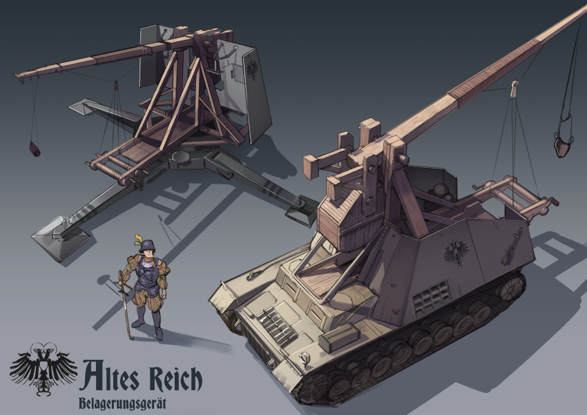 1boy, absurdres, alternate_universe, anachronism, armor, artillery, dieselpunk, engineering_nonsense, grey_background, highres, kuromori_(1010845110), military, military_vehicle, motor_vehicle, original, sdkfz_165_hummel, self-propelled_artillery, solo, sword, trebuchet, weapon, zweihander
