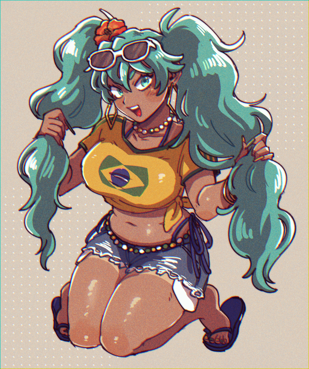 1girl, alternate_breast_size_(larger), aqua_eyes, aqua_hair, bead_necklace, beads, bracelet, brazilian_flag, brazilian_flag_print, brazilian_miku, breasts, curvy, dark-skinned_female, dark_skin, denim, denim_shorts, earrings, eyewear_on_head, fake_nails, flag_print, flip-flops, flower, hair_between_eyes, hair_flower, hair_ornament, hatsune_miku, highres, jewelry, kneeling, large_breasts, long_hair, navel, necklace, okomepower, open_mouth, plump, sandals, shirt, short_shorts, shorts, simple_background, smile, solo, spaghetti_strap, sunglasses, tan, tanline, torn_clothes, torn_shorts, twintails, vocaloid