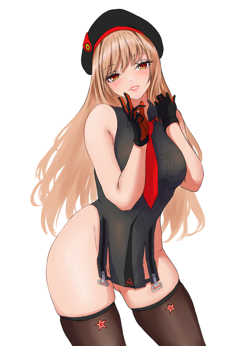 1girl, absurdres, bare_shoulders, beret, black_gloves, black_thighhighs, blush, bottomless