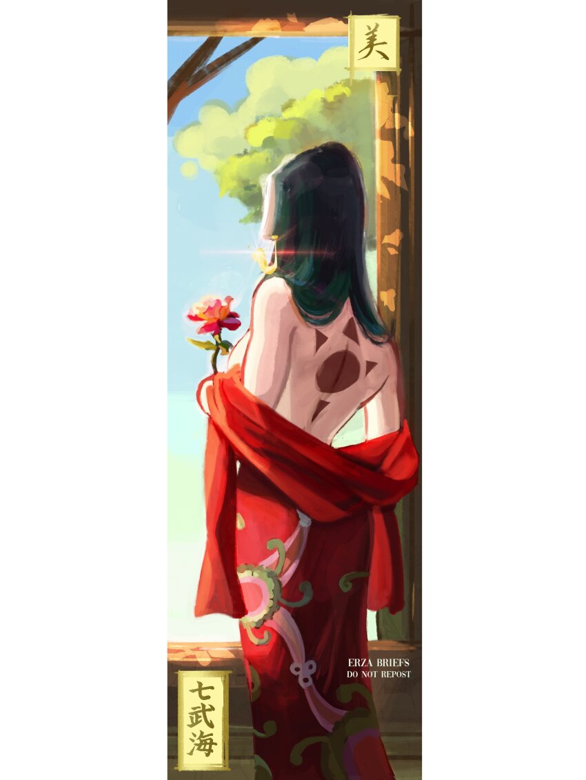 1girl, absurdres, artist_name, back, black_hair, blue_sky, boa_hancock, branded, commentary, earrings, english_commentary, erza_briefs, flower, glint, highres, holding, holding_flower, japanese_clothes, jewelry, kimono, off_shoulder, one_piece, red_flower, red_kimono, red_rose, rose, sky, snake_earrings, solo, topless_female