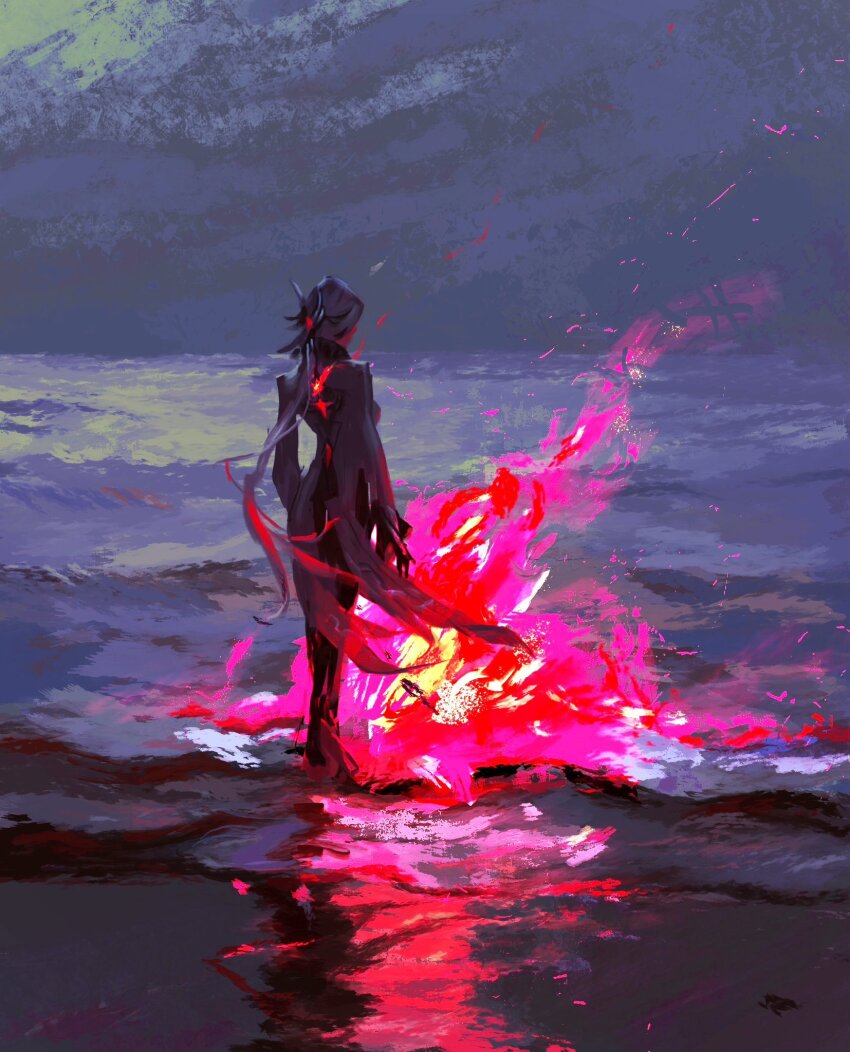 1girl, arlecchino_(genshin_impact), back, beach, black_gloves, black_pants, cloud, cloudy_sky