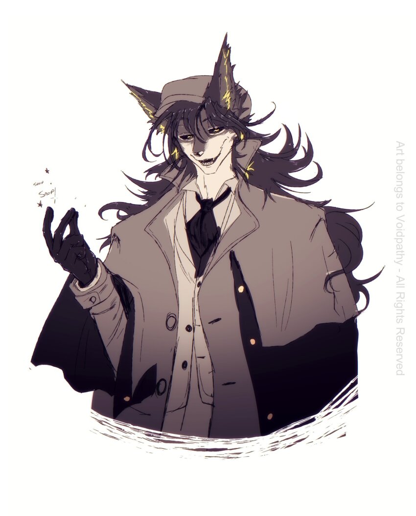 animal_ears, black_gloves, black_hair, brown_coat, brown_fur, brown_hat, buttons, coat