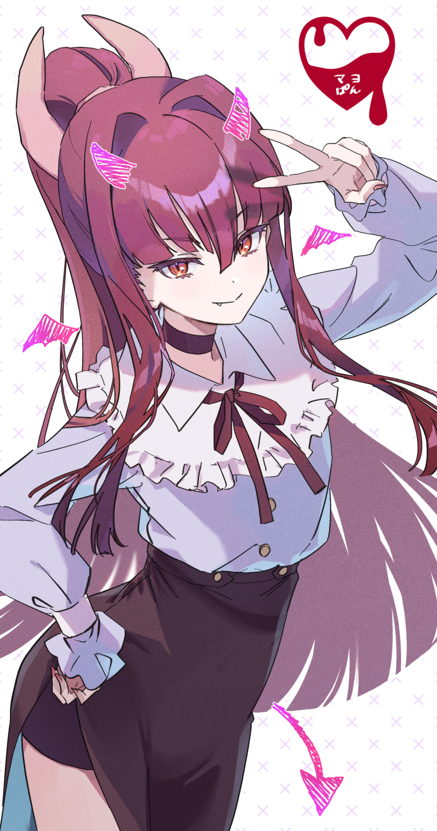 1girl, closed_mouth, copyright_name, fang, fang_out, hair_intakes, hands_on_own_hips, highres