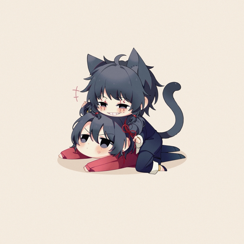 +++, 1boy, 1girl, absurdres, anger_vein, animal_ears, black_hair, black_jacket, black_pants, cat_boy, cat_ears, cat_tail, chibi, chibi_only, chin_rest, chinese_commentary, closed_mouth, commentary_request, earrings, facial_tattoo, grey_background, grin, hair_bun, hair_ribbon, hair_rings, hand_on_another's_head, head_on_head, head_rest, highres, jacket, jewelry, kekekkbk, kemonomimi_mode, li_yuting_(female), mole, mole_under_each_eye, mole_under_eye, multiple_moles, pants, red_shirt, ribbon, shirt, short_hair, simple_background, single_hair_bun, single_hair_ring, smile, tail, tattoo, touqi_guaitan, v-shaped_eyebrows, white_shirt, ziche_fuzhao