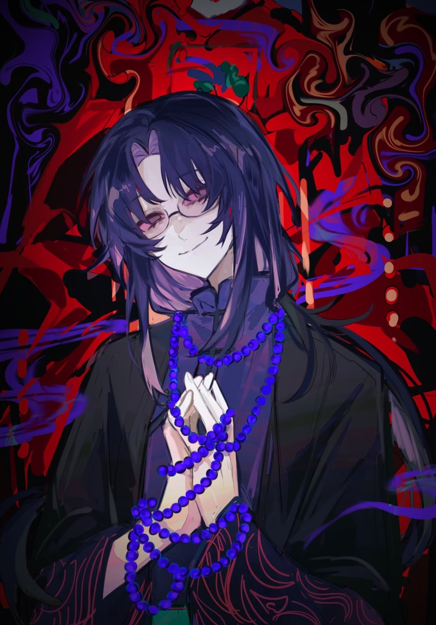 1boy, aosadekuermanpifa, bead_necklace, beads, black_jacket, closed_mouth, curtained_hair, grey_eyes, highres, huai_yunqing, jacket, jewelry, long_hair, long_sleeves, low_ponytail, male_focus, mandarin_collar, necklace, open_clothes, open_jacket, own_hands_together, parted_bangs, ponytail, prayer_beads, purple_hair, purple_shirt, shirt, smile, solo, touqi_guaitan, upper_body