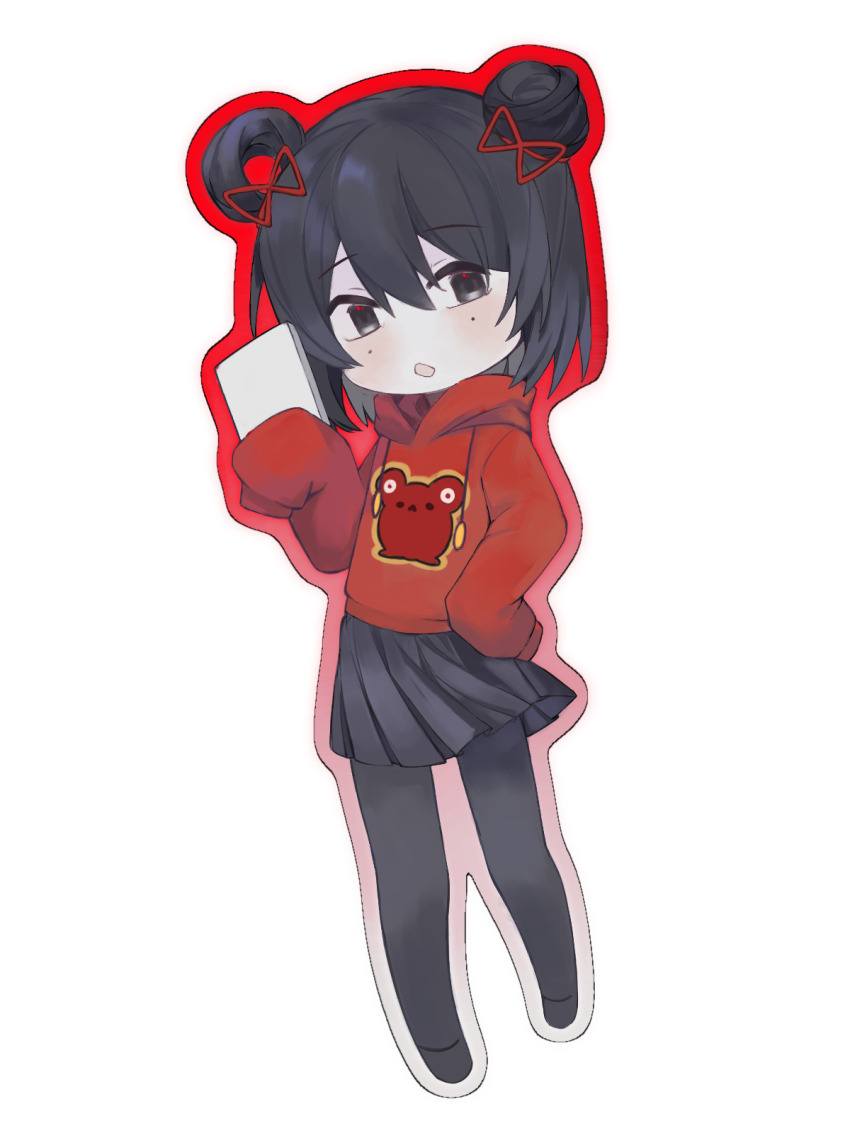 1girl, black_eyes, black_hair, black_pantyhose, black_shoes, black_skirt, bow, commentary