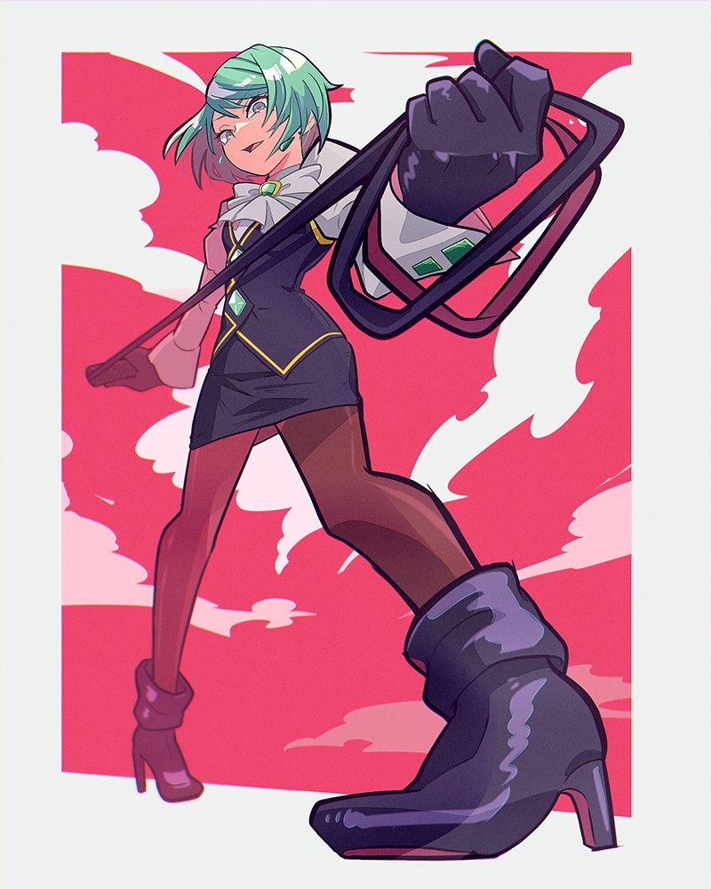 1girl, 3llo_3, ace_attorney, black_boots, black_gloves, black_skirt, black_vest, blue_hair