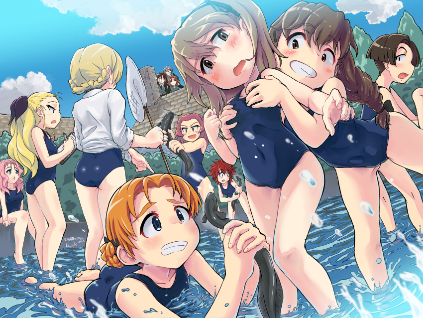 6+girls, absurdres, animal, artist_logo, assam_(girls_und_panzer), azumi_(girls_und_panzer), black_hair, blonde_hair