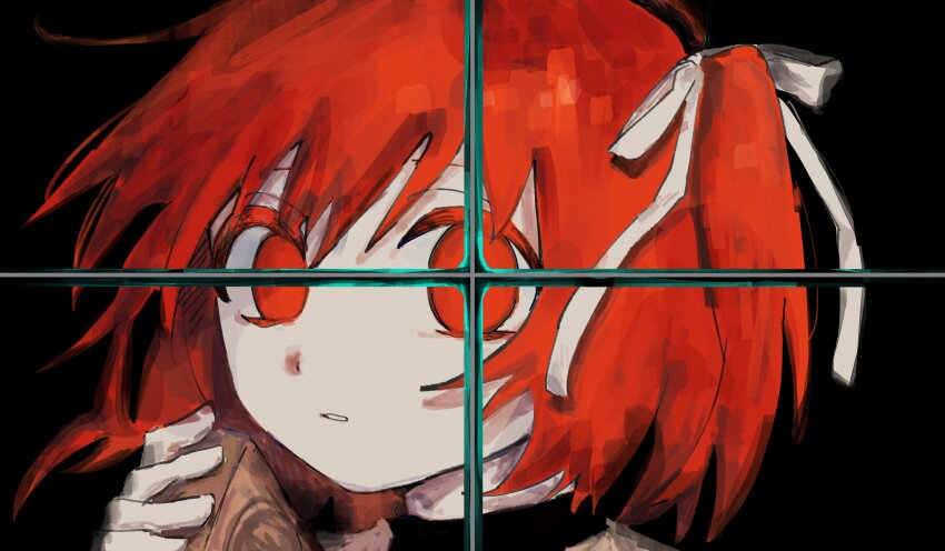 1girl, 3h3983, a.i._voice, absurdres, adachi_rei, close-up, commentary_request, hair_ribbon, highres, looking_at_viewer, orange_eyes, orange_hair, ribbon, solo, stitched, third-party_edit, thumbnail_collage, utau