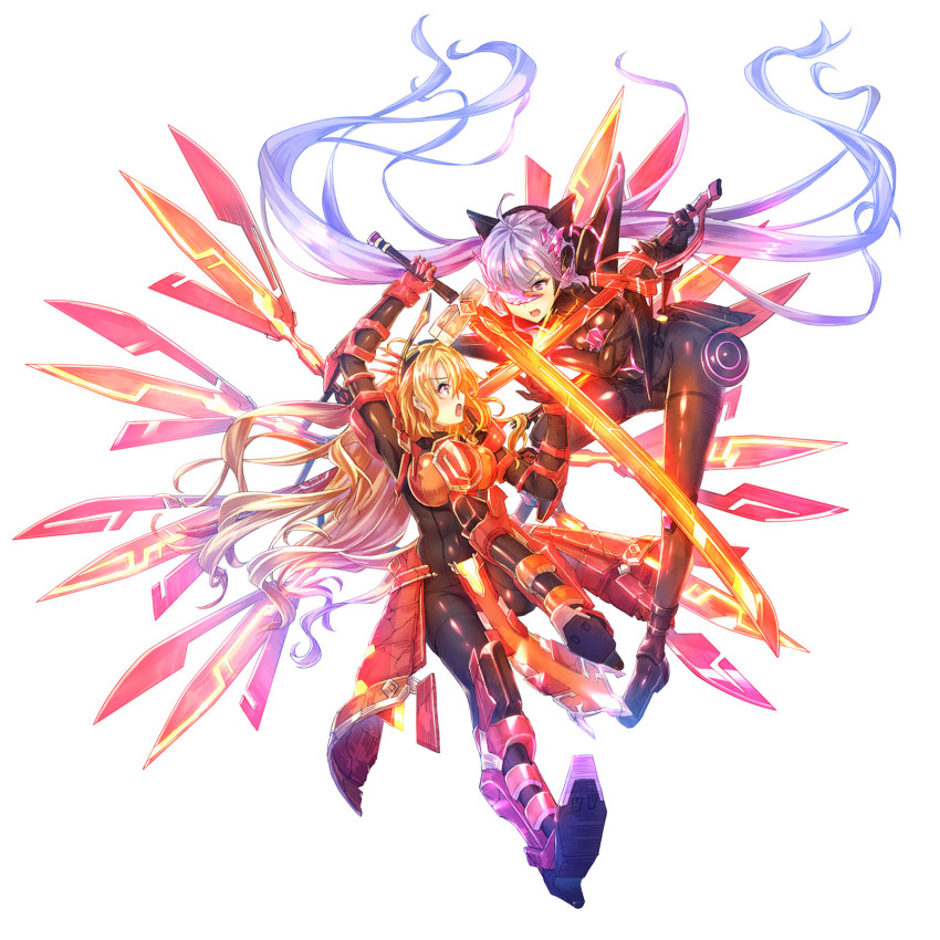 armor, blonde_hair, bodysuit, breastplate, covered_navel, duel_monster, grey_hair, high_heels