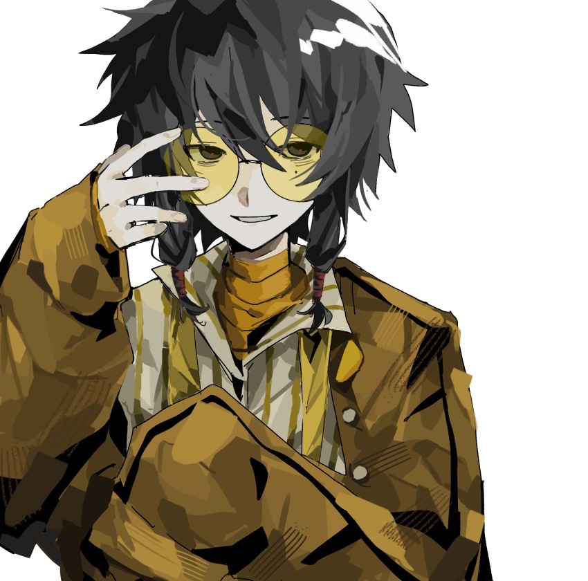 1boy, 30000000000, bandaged_neck, bandages, black_eyes, black_hair, blonde_hair, chinese_commentary, collared_shirt, commentary_request, hair_between_eyes, highres, long_sleeves, male_focus, mole, mole_under_eye, off_shoulder, red_pupils, round_eyewear, shirt, simple_background, single_sleeve_past_fingers, smile, solo, striped_clothes, striped_shirt, tinted_eyewear, touqi_guaitan, upper_body, vertical-striped_clothes, vertical-striped_shirt, white_background, white_shirt, yellow-tinted_eyewear, ziche_fuzhao