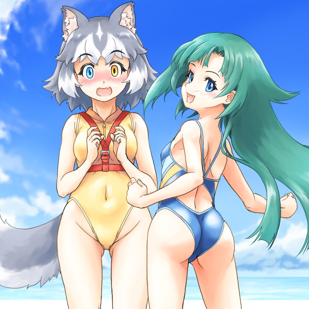 2girls, animal_ear_fluff, animal_ears, ass, beach, blue_eyes, blue_one-piece_swimsuit, blush