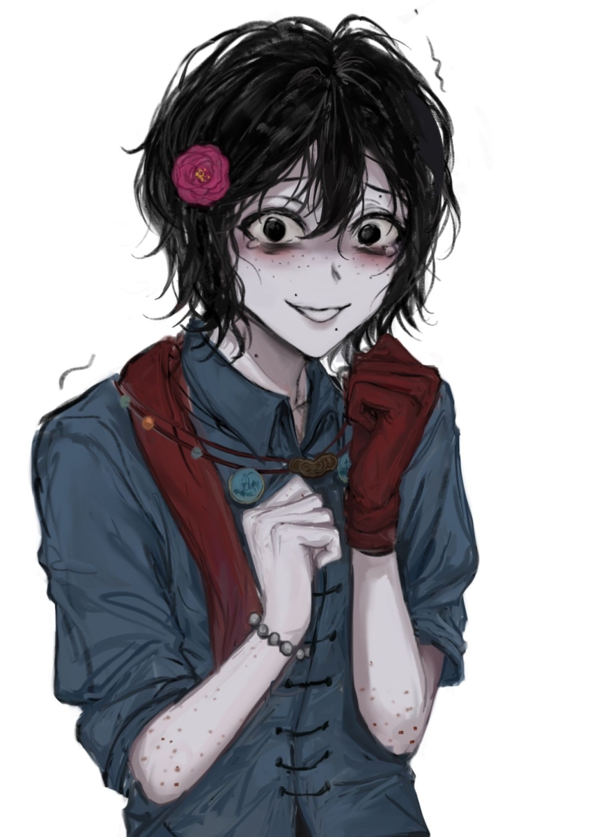 1boy, black_eyes, black_hair, blue_shirt, body_freckles, bracelet, chinese_commentary, collared_shirt, commentary_request, flower, freckles, fu_shun_(touqi_guaitan), gloves, hair_between_eyes, hair_flower, hair_ornament, highres, jewelry, ling5288, male_focus, mole, mole_above_eye, mole_above_mouth, mole_on_neck, mole_under_mouth, multiple_moles, pink_flower, red_gloves, shirt, short_hair, short_sleeves, simple_background, single_glove, smile, solo, tearing_up, touqi_guaitan, trembling, upper_body, white_background
