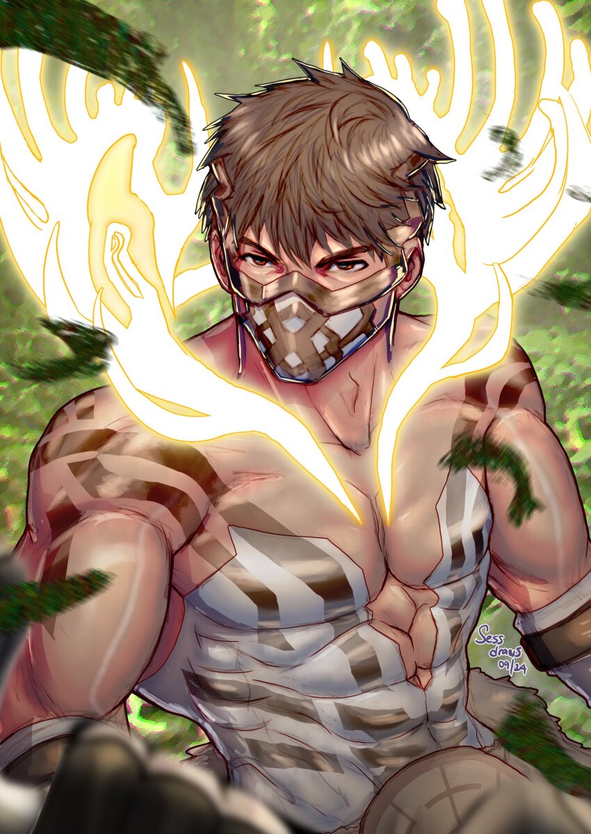 1boy, abs, antlers, bara, biceps, brown_eyes, brown_hair, chest_markings