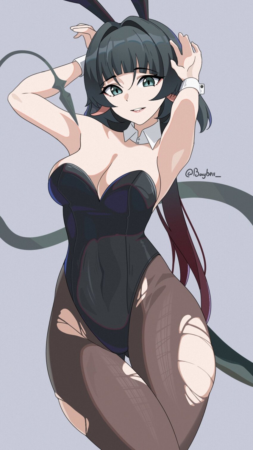 1girl, animal_ears, baybell, black_hair, black_leotard, blunt_bangs, breasts, detached_collar