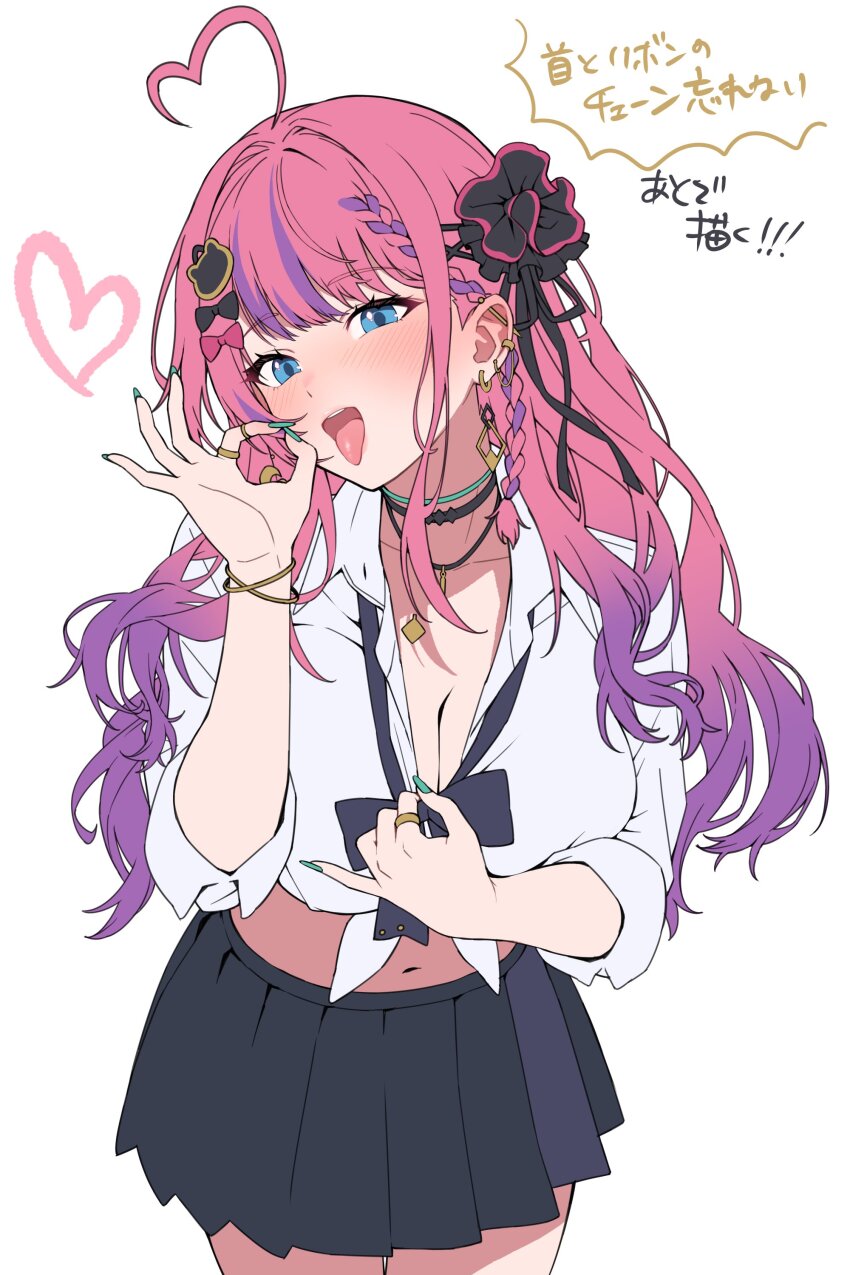 1girl, absurdres, ahoge, amesuku_gyaru, barbell_piercing, black_ribbon, black_skirt, blue_eyes, blush, bow, bowtie, bracelet, braid, breasts, cat_hair_ornament, cleavage, collared_shirt, cowboy_shot, dress_shirt, ear_piercing, earrings, fellatio_gesture, fingernails, gradient_hair, green_nails, gyaru, hair_bow, hair_ornament, hair_ribbon, handjob_gesture, heart, heart_ahoge, highres, industrial_piercing, jewelry, kogal, kuramochi_meruto, kuramochi_meruto_(school_uniform), large_breasts, leaning_forward, long_fingernails, long_hair, long_sleeves, looking_at_viewer, loose_bowtie, midriff, miniskirt, multicolored_hair, multiple_necklaces, navel, necklace, nijisanji, ok_sign, open_mouth, piercing, pink_hair, pleated_skirt, purple_hair, ribbon, ring, school_uniform, sexually_suggestive, shirt, side_braid, simple_background, skirt, sleeves_rolled_up, solo, streaked_hair, tied_shirt, tongue, tongue_out, very_long_hair, virtual_youtuber, white_background, white_shirt, yagi_(ningen)