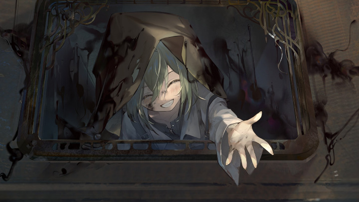 ^_^, black_blood, blood, brown_hood, closed_eyes, collar, green_hair, hood