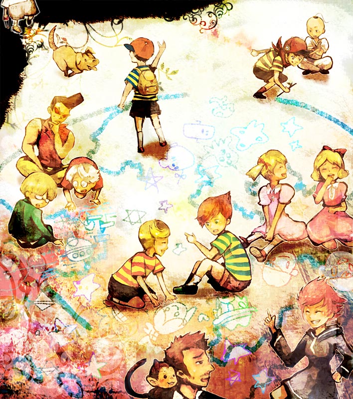 3girls, 6+boys, ana_(mother), backpack, bad_id, bad_pixiv_id, bag, black_hair